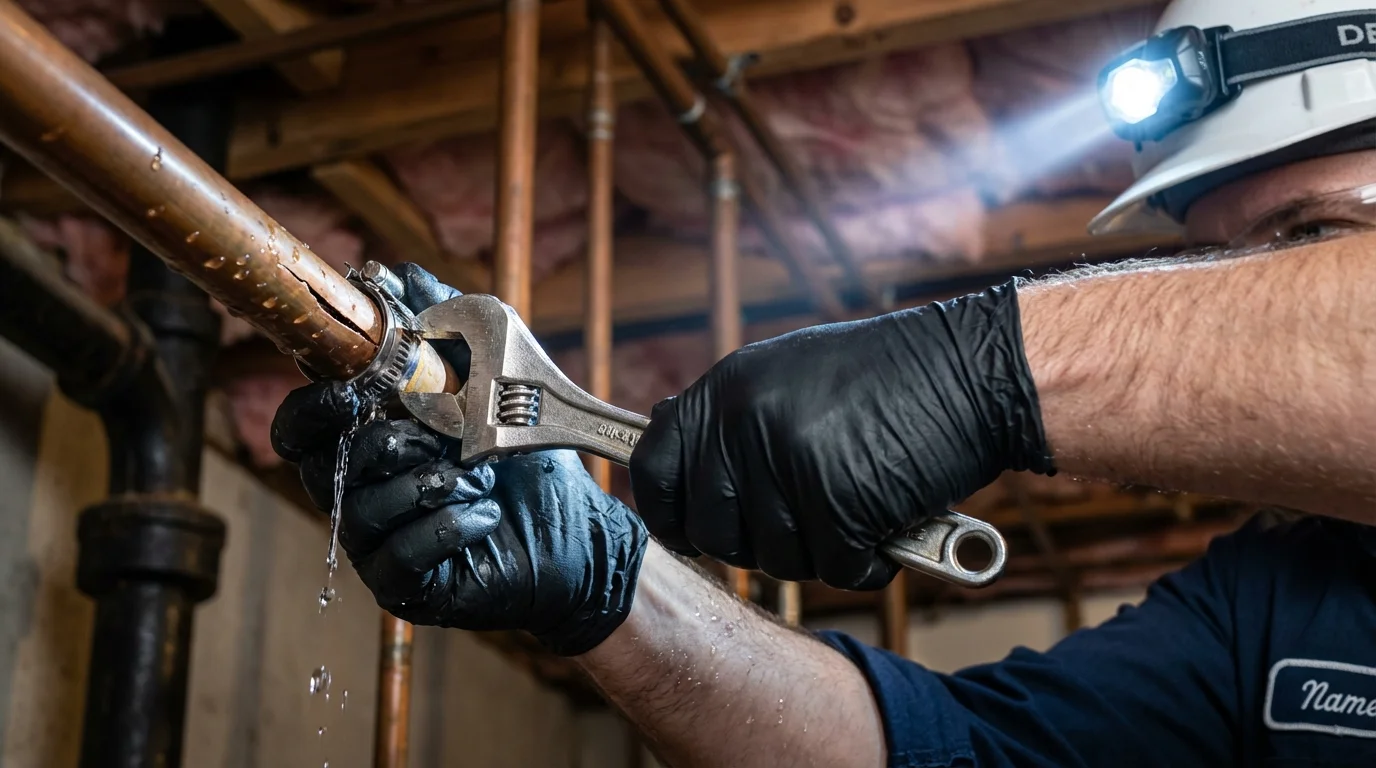 Emergency pipe clamp repair being performed by a Johns Plumbing LLC plumber in Nevada City