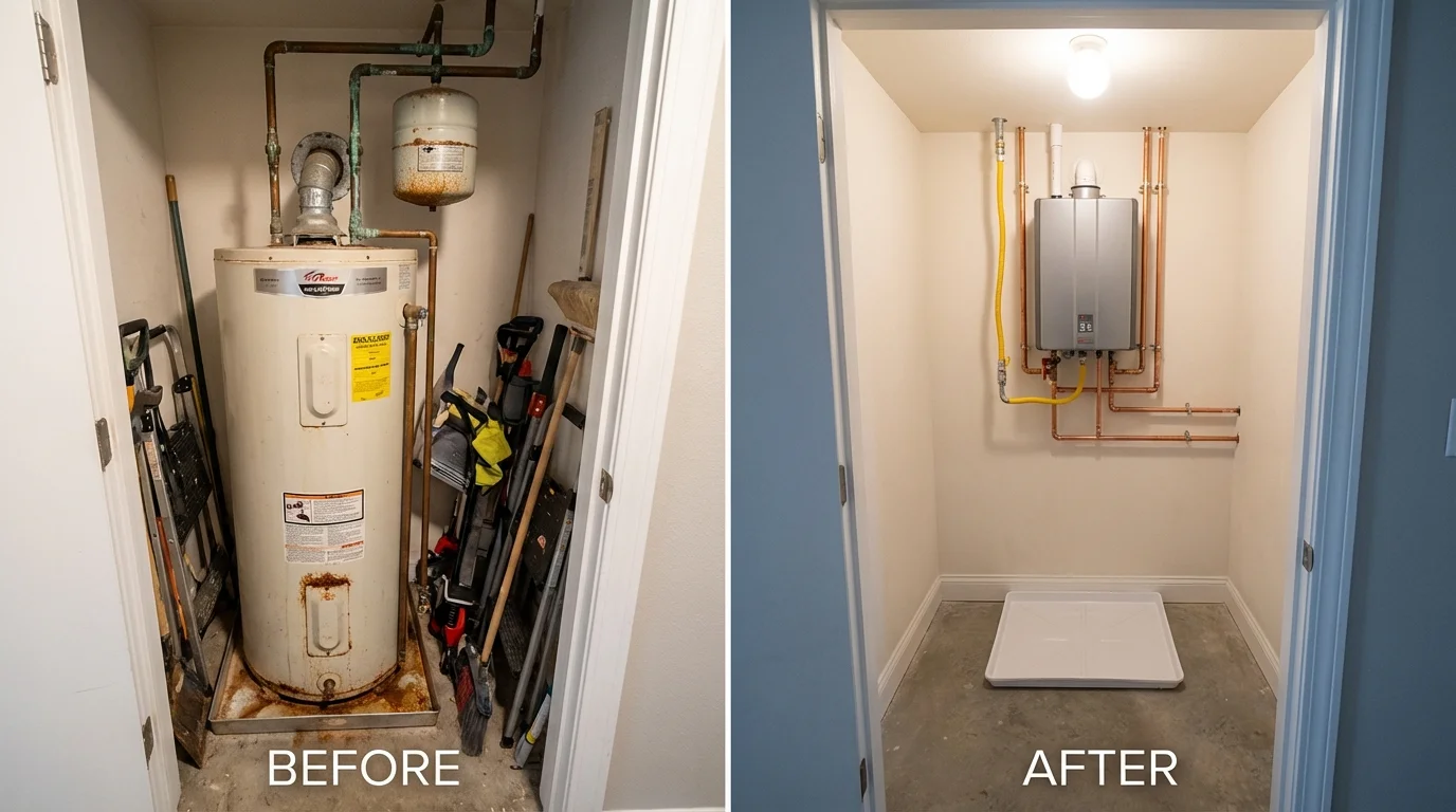 Tank water heater versus wall-mounted tankless unit comparison for Nevada City, CA homeowners