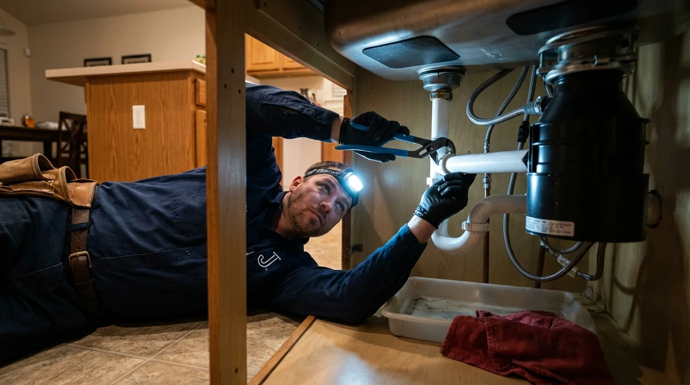 P-trap and supply line connections under a kitchen sink showing a common leak point in Nevada City, CA